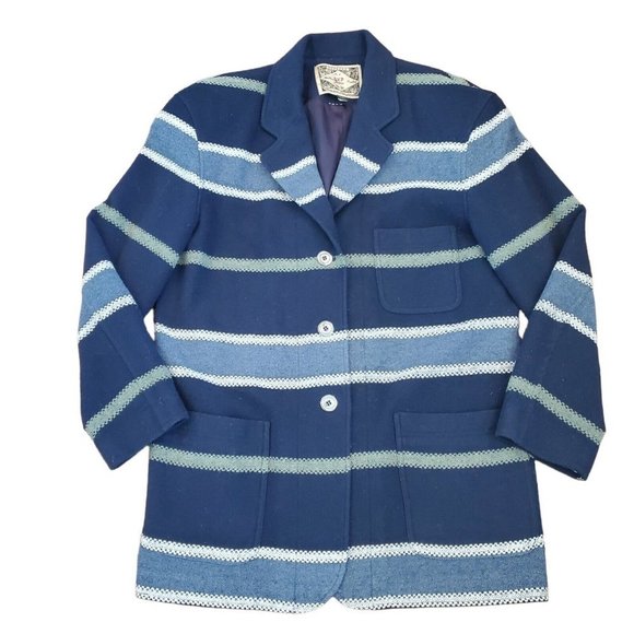 90s Boyfriend Blazer Navy Blue Striped ‎ Wool Blend Preppy Sz Small